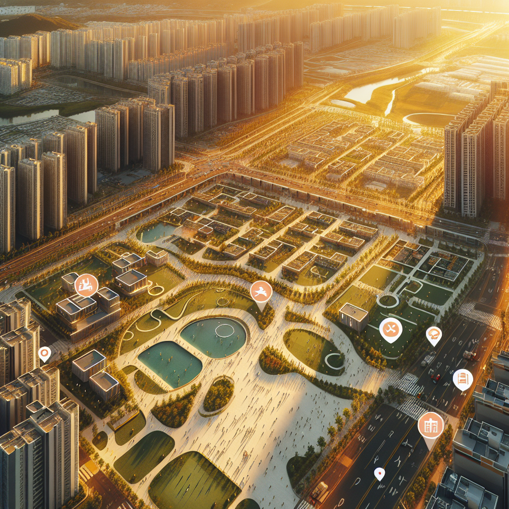 한국의 택지개발 지구를 드론으로 내려다본 황금빛 노을 풍경. 대단지 아파트와 중앙공원, 학교, 상업지구가 격자형으로 배치되고, 산책하는 사람들과 어린이 놀이터가 보인다. 따뜻한 색감, 고해상도 항공샷, 간결한 정보 아이콘 오버레이(교통, 학교, 상권).