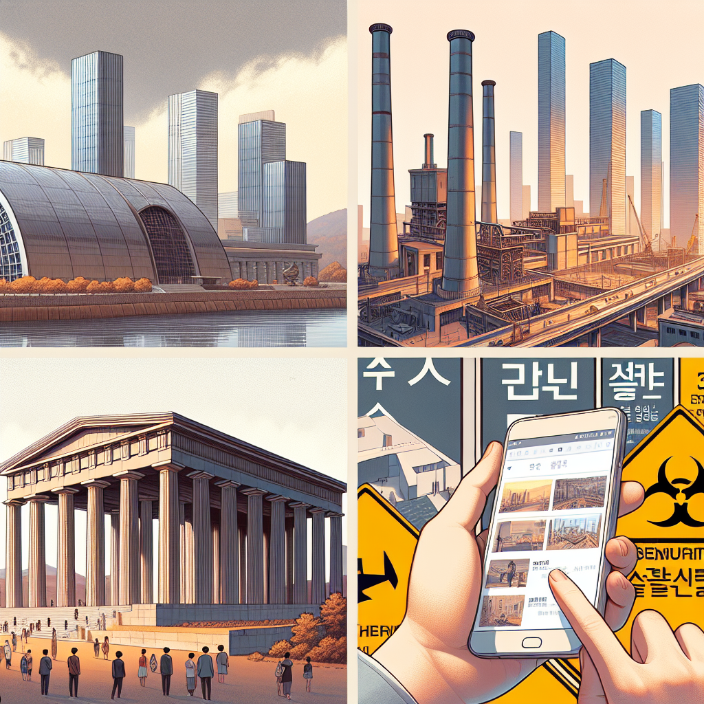 개념 콜라주: 현대적 철강 제철소의 장대한 스카이라인, 미니멀한 전시 공간(기념관), 스마트폰에서 웹툰을 읽는 손, 노란 경고 표지로 표현한 보안 주의. 따뜻한 자연광, 중립적 색감, 한국어 텍스트 없음, 현실·일러스트 혼합 스타일.