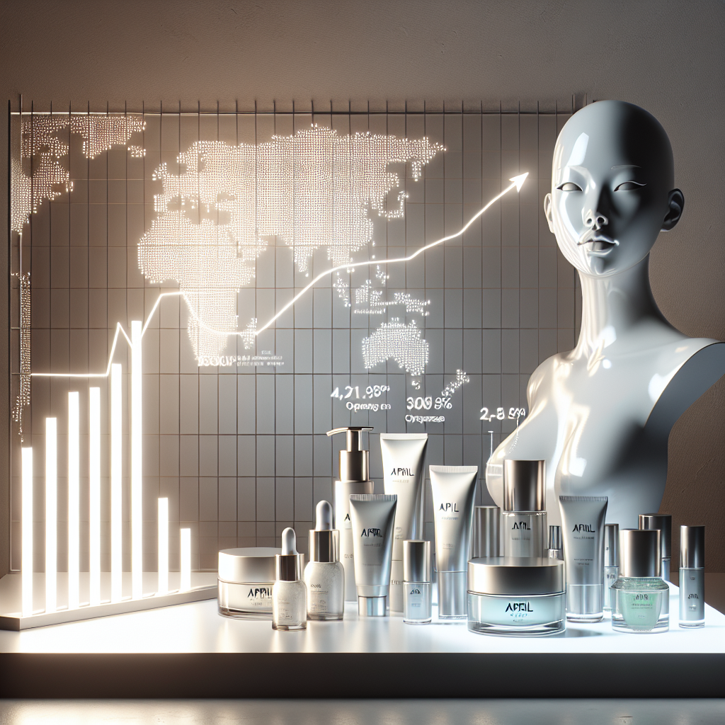 현대적 감성의 한국 K-뷰티 씬을 배경으로, 에이피알의 홈뷰티기기와 스킨케어 제품이 함께 배치된 미니멀한 스튜디오 샷. 좌측에는 상승하는 그래프(매출·영업이익 성장)와 세계지도 위 해외 비중 확대를 상징하는 라인이 은은하게 오버레이. 조명은 소프트박스, 컬러 팔레트는 화이트/실버/스킨톤. 잡지 화보처럼 선명하고 깔끔한 하이엔드 제품 사진 스타일.