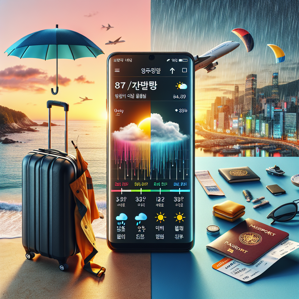스마트폰 화면에 한국어 UI의 날씨예보 앱이 열려 있고, 시간별 강수확률과 레이더 강수대가 표시됨. 옆에는 접이우산, 방수 재킷, 여권과 탑승권, 선글라스가 놓여 있음. 배경은 반은 맑은 해변 일몰, 반은 비 내리는 도심 거리로 분할된 장면. 현대적, 밝은 색감, 16:9, 고해상도, 실제 사진 같은 스타일.