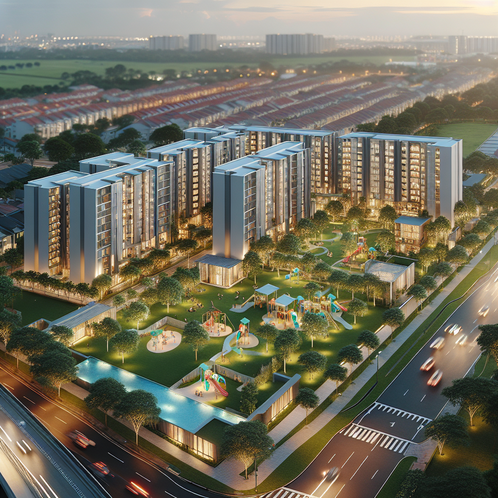 해 질 녘 화성시청역 인근의 현대적 민간임대 아파트 단지를 항공 시점으로 촬영한 이미지. 녹지가 풍부한 커뮤니티 시설(놀이터, 산책로), 따뜻한 조명, 주변 도로의 완만한 차량 흐름, 보행자 동선이 조화롭게 보이며, 깨끗한 외관과 실용적인 평면이 떠오르는 분위기. 사실적이고 선명한 디테일, 4K, 자연광.