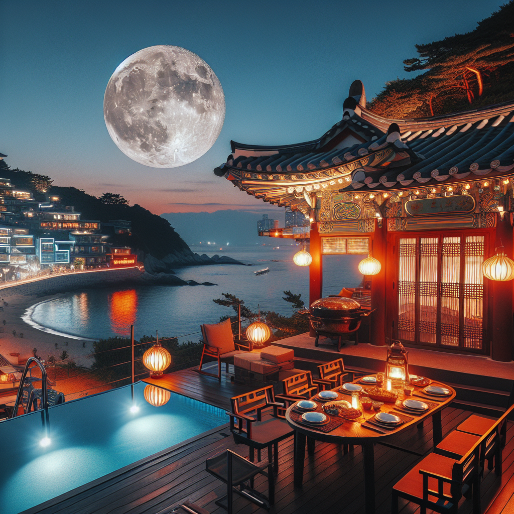 부산 해운대 달맞이길에서 떠오르는 보름달과 바다, 노을빛 야외 바베큐 테이블, 한옥 카페 디테일, 아늑한 프라이빗 풀빌라 불빛, 따뜻한 골든 아워, 고요하고 감성적인 분위기, 35mm, high detail