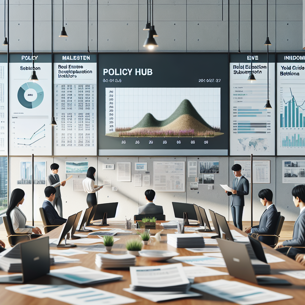 한국의 중앙정부 정책 허브를 상징하는 현대적 장면: 회의 테이블 위 정책 문서와 그래프, 모니터에는 부동산 청약 지표와 인프라 지도, 다른 화면에는 국채 수익률 곡선, 한쪽에서는 청년들이 면접 준비 중. 로고나 특정 기관 문구는 없이, 깨끗한 사무실 배경, 자연광, 현실적인 다큐 스타일, 고해상도.