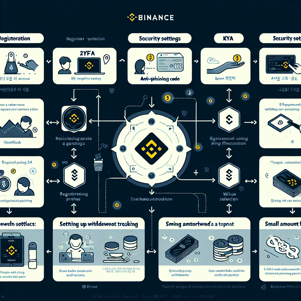 바이낸스 초보자를 위한 단계별 흐름도: 가입→KYC→보안 설정(2FA·안티피싱·화이트리스트)→수수료 절감(BNB·레퍼럴)→출금 루트 결정(네트워크 선택·소액 테스트). 깔끔한 다크 테마, 벡터 일러스트, 직관적 아이콘, 한국어 UI, 전문적이면서 친근한 분위기, 고해상도.