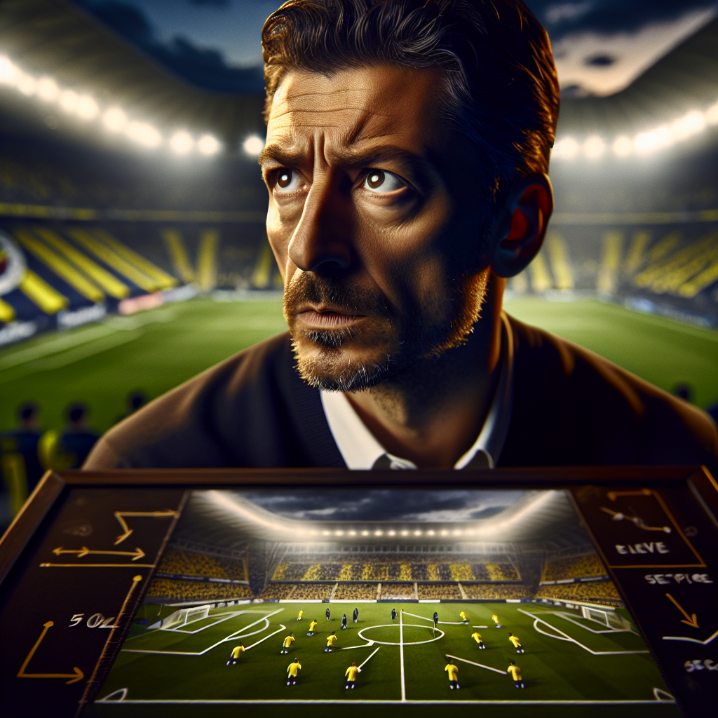 Jose Mourinho at Fenerbahçe training ground, intense expression, tactical whiteboard with set-piece arrows, Istanbul stadium at dusk, crowd in yellow and navy, cinematic lighting, 50mm, high detail, photo-realistic