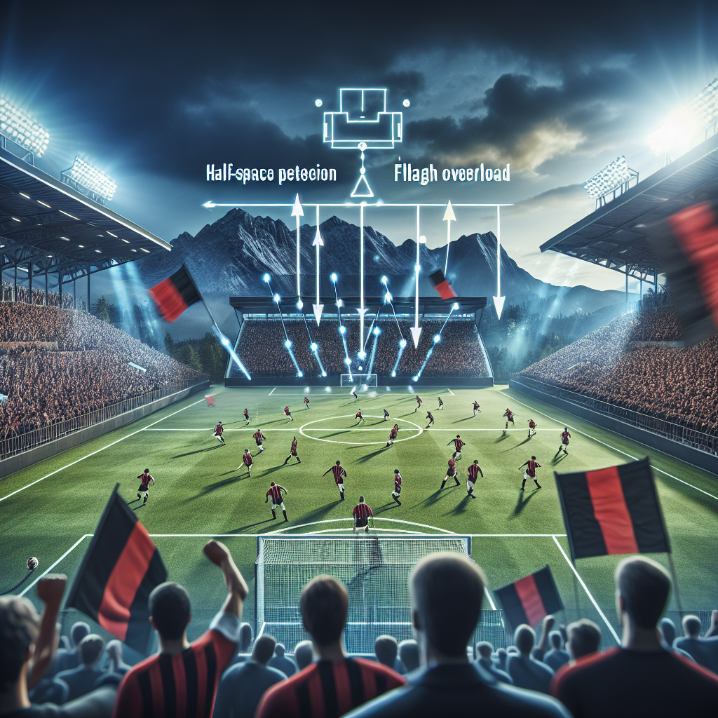 야간의 산 시로 경기장에서 펼쳐지는 ac밀란 홈 경기. 붉은색과 검은색 깃발을 흔드는 커바 수드 응원, 피치 위 전술 보드(하프스페이스 침투, 측면 오버로드 화살표) 오버레이, 웜업 중인 선수들, 골대 뒤에서 보는 관중의 시야. 사실적, 4K, 역동적인 조명, 열정적인 분위기.