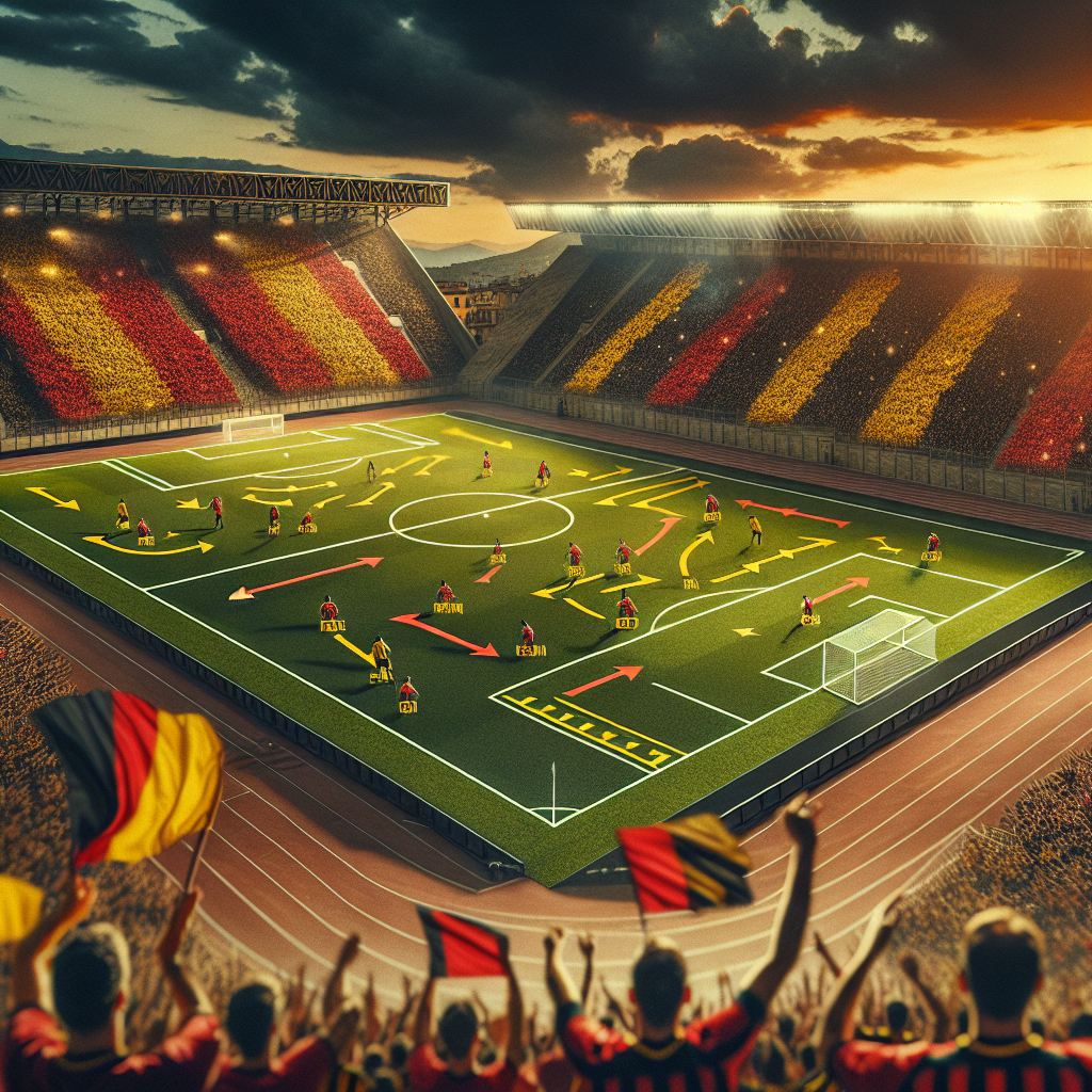 Evening Serie A match at Stadio Via del Mare: Lecce vs Milan. Wide stadium view with red-yellow Lecce tifosi and red-black Milan supporters, vibrant flags, tactical arrows overlay showing wing play and set-piece zones, warm Mediterranean sky, cinematic lighting, 85mm lens, high-detail, energetic atmosphere.