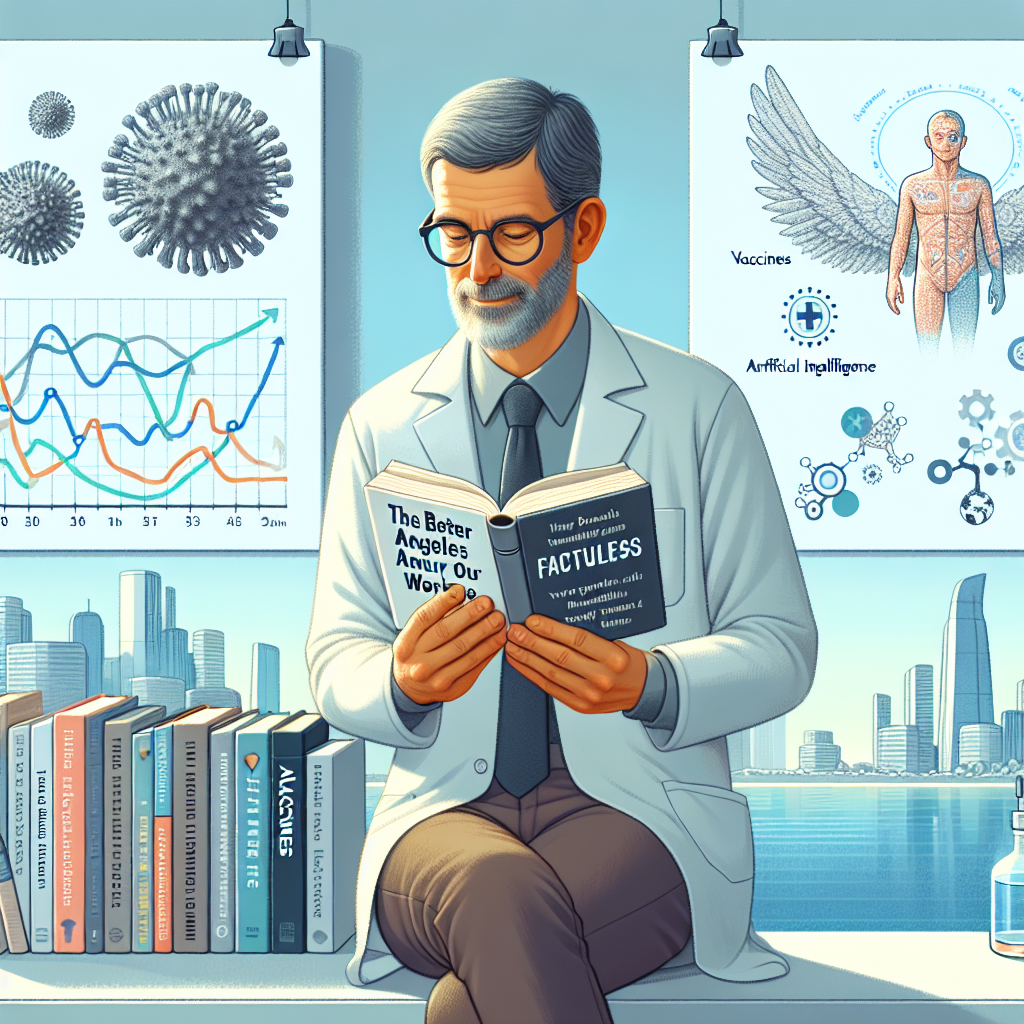 Editorial illustration of Bill Gates in a calm studio setting: reading marked books (Factfulness, The Better Angels of Our Nature, How the World Really Works), a whiteboard with data charts and a 'Think Week' checklist, subtle icons for vaccines and AI, and a distant Seoul skyline hinting at collaboration. Clean, modern, soft lighting, informative, trustworthy tone.