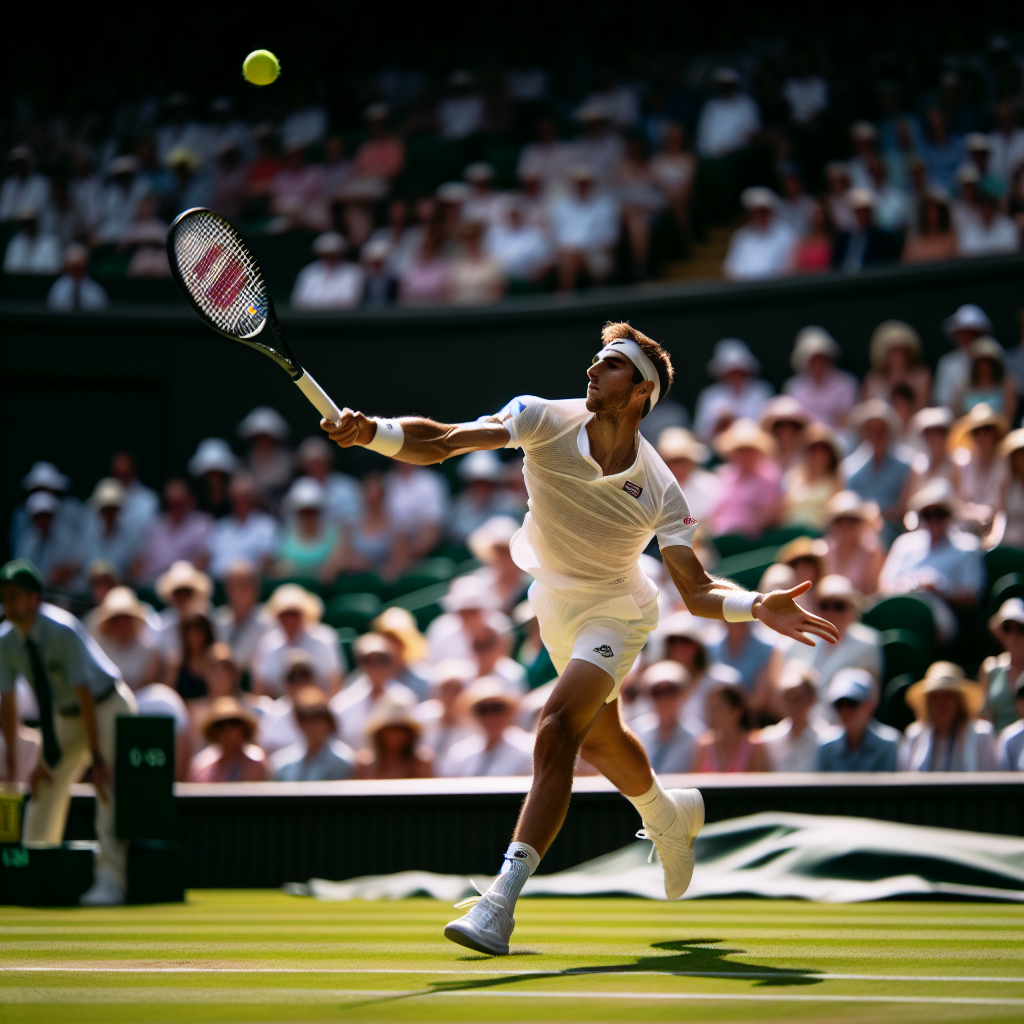 윔블던 잔디 코트에서 테일러 프리츠가 강력한 서브 모션을 취하는 순간. 흰색 경기복, 햇빛 아래 선명한 그림자, 관중의 응원이 배경으로 보이고 망원 렌즈(200mm)로 포착된 얕은 심도와 역동적 모션 블러. 고해상도 스포츠 사진, 생생한 잔디 질감, 집중한 표정.