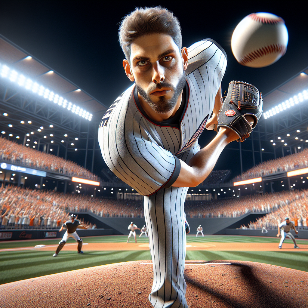 한화 이글스 유니폼을 입은 라이언 와이스가 야간 경기에서 마운드 위에서 역동적으로 투구하는 순간. 낮은 앵글, 밝은 구장 조명, 가득 찬 관중석의 주황 응원 물결, 공이 포수 미트로 날아가는 모션 블러, 선명한 표정과 땀, 고속 셔터, 포토리얼, 시네마틱 4K.