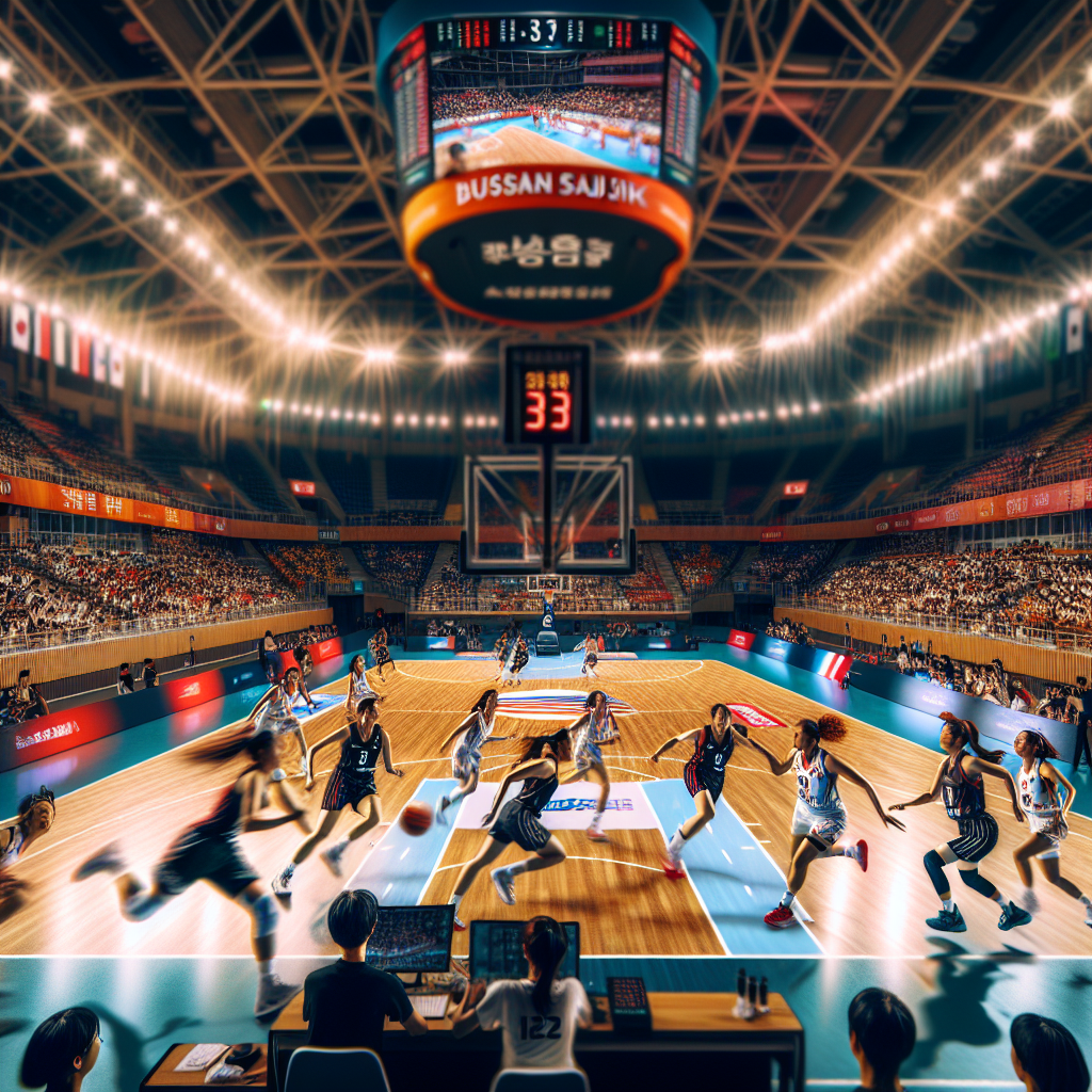 부산 사직실내체육관에서 열린 2025 박신자컵 경기. 가득 찬 관중, 코트 위에서 빠르게 전환하는 여자농구 선수들, 한 팀은 탄탄한 수비로 스틸을 노리고 다른 팀은 속공으로 치고 나가는 장면. 현장 조명과 응원 배너, 역동적인 모션 블러가 강조된 실감나는 스포츠 사진 스타일.