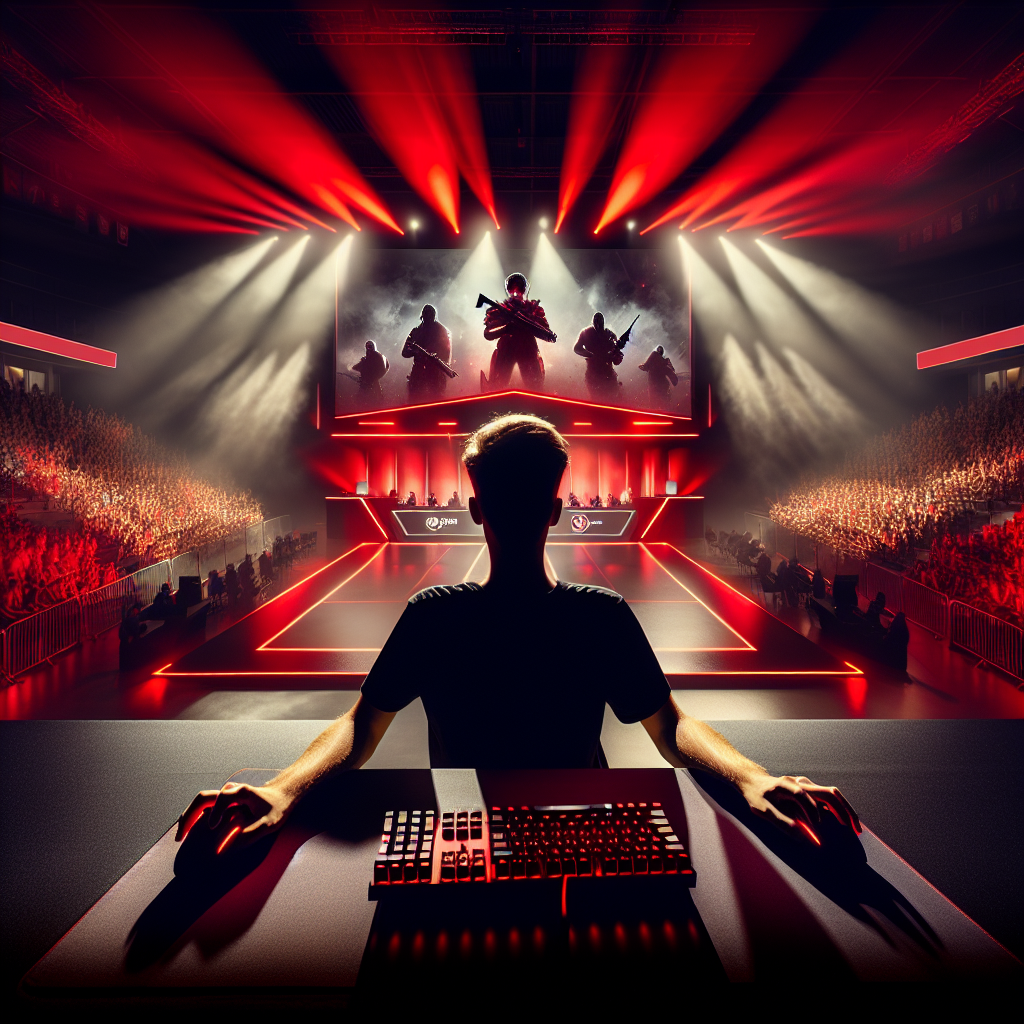 관중으로 가득 찬 e스포츠 경기장, 붉은-검은 조명이 교차하는 무대 위. 얼굴이 보이지 않는 프로 원딜러의 집중한 실루엣이 기계식 키보드와 마우스를 잡고 있으며, 거대한 LED 스크린에 팀파이트 장면의 빛이 반사된다. 역동적인 조명, 약간의 연무, 하이리얼리스틱 사진 스타일. 상표나 실제 로고는 없음.