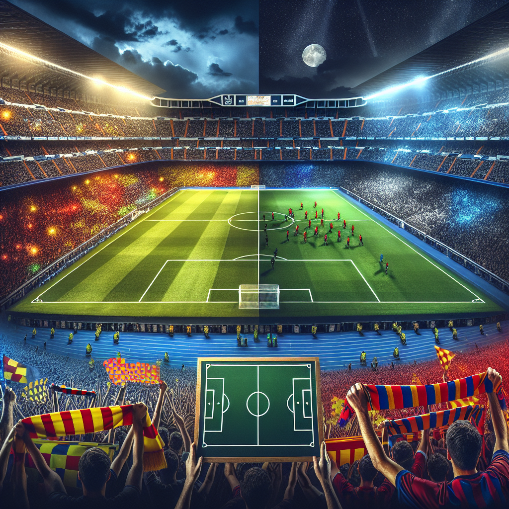 Split scene: Santiago Bernabéu and Visit Mallorca Estadi during a La Liga match, Real Madrid vs Mallorca. Night lights, packed stands, fans with scarves, tactical chalkboard overlay, dynamic wide-angle, cinematic 16:9, high detail.