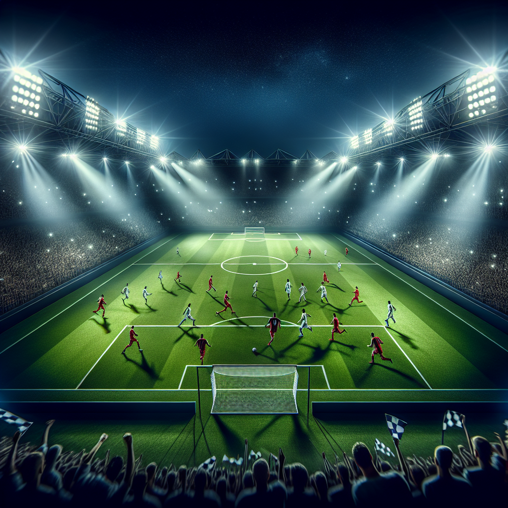 A dramatic La Liga match scene: Real Madrid in white vs Mallorca in red at night, packed stadium lights, tactical arrows showing switches of play and set-piece movement, high-contrast, dynamic wide-angle, detailed grass texture, energetic crowd scarves, realistic photography style