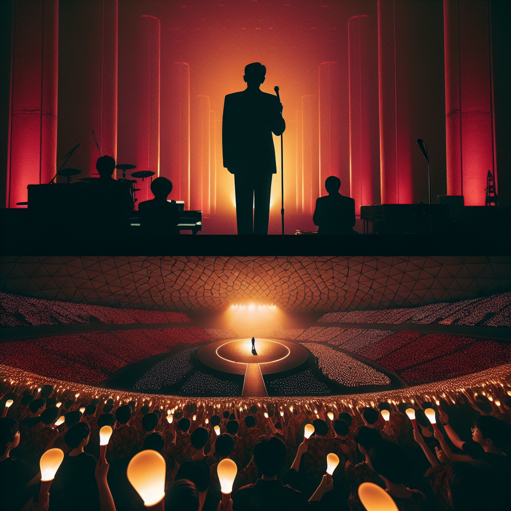 무대 중앙에서 실루엣으로 서 있는 전설의 가수 조용필, 한쪽은 2005년 평양 공연 ‘홀로 아리랑’의 장엄한 분위기(붉은 조명, 관객의 조용한 몰입), 다른 한쪽은 현대적 돔 공연장의 뜨거운 조명과 열광하는 관객. 세대가 어우러진 관객, 깃발 없이 정돈된 응원봉의 빛, 웜톤 스포트라이트, 깊은 감정선을 담은 다큐멘터리 풍 사진 구성.