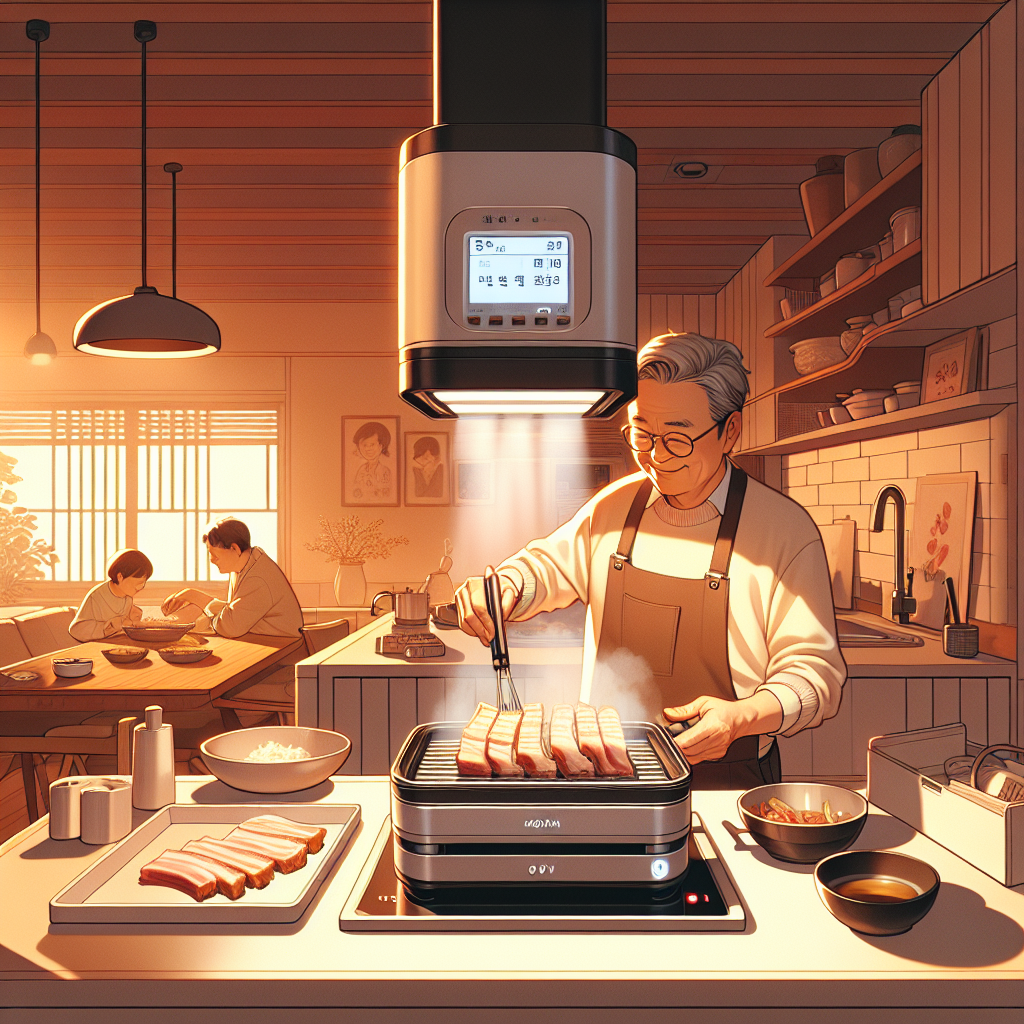 Warm, modern Korean home kitchen scene where a friendly middle-aged Korean man prepares pork belly using an automatic rotating roll pan. Emphasize oil-drain tray, even sear marks, gentle steam, and cozy family vibe. Natural evening lighting, minimalistic countertops, subtle TV show ambience in the background.
