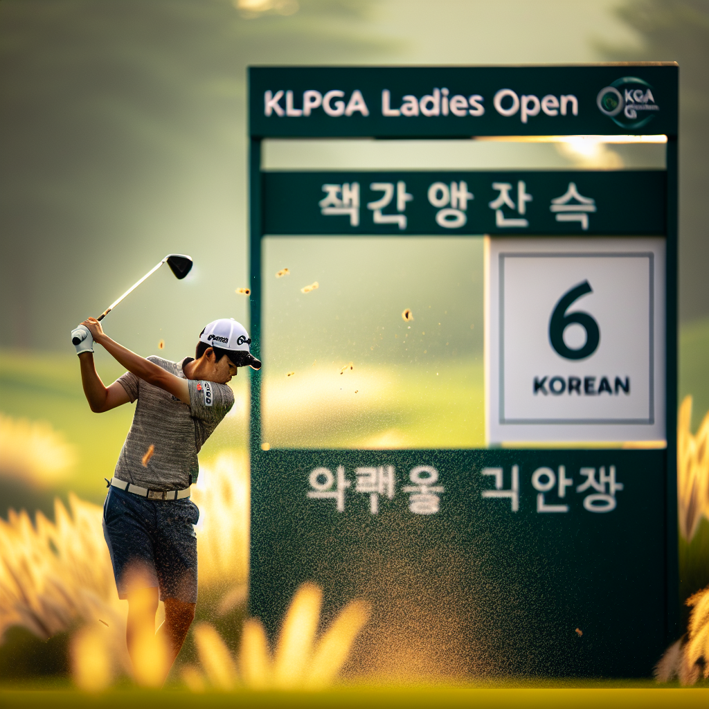 맑은 오후의 KLPGA KG 레이디스 오픈 코스, 신다인 프로가 페어웨이에서 아이언 샷 임팩트 순간을 포착. 역동적인 스윙, 한국어 갤러리 표지판, 잔디 질감 선명, 자연광, 85mm 망원, 얕은 심도, 스포티한 리얼리즘, 배경 보케, 집중하는 표정.