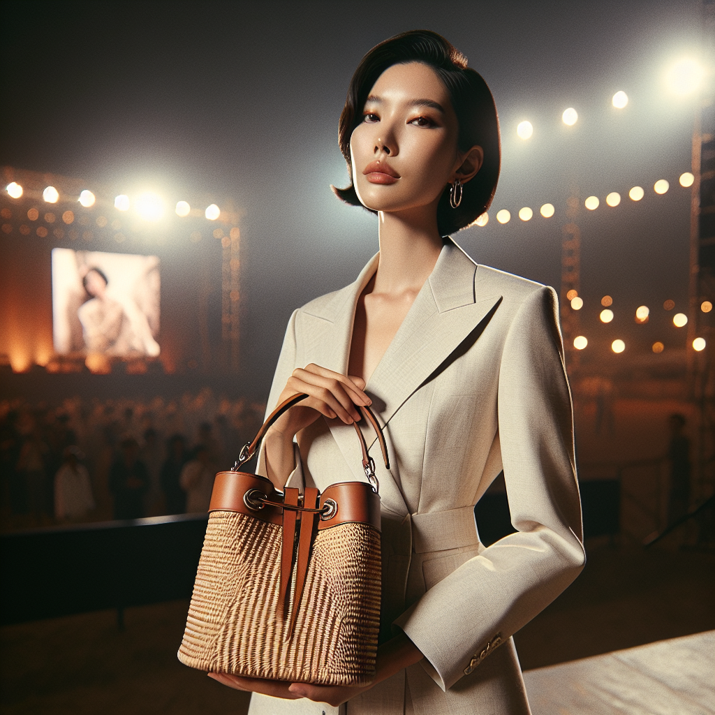 A high-resolution editorial concept: a poised Korean woman reminiscent of Kim Hee-ae hosting an 80s Seoul music festival stage, elegant white tailored suit, minimalist makeup, sleek short hair, holding a luxurious rattan bucket bag with leather trim (no visible logos), warm evening spotlights, subtle retro backdrop, graceful posture, shallow depth of field, 50mm lens look, gentle film grain, clean composition.