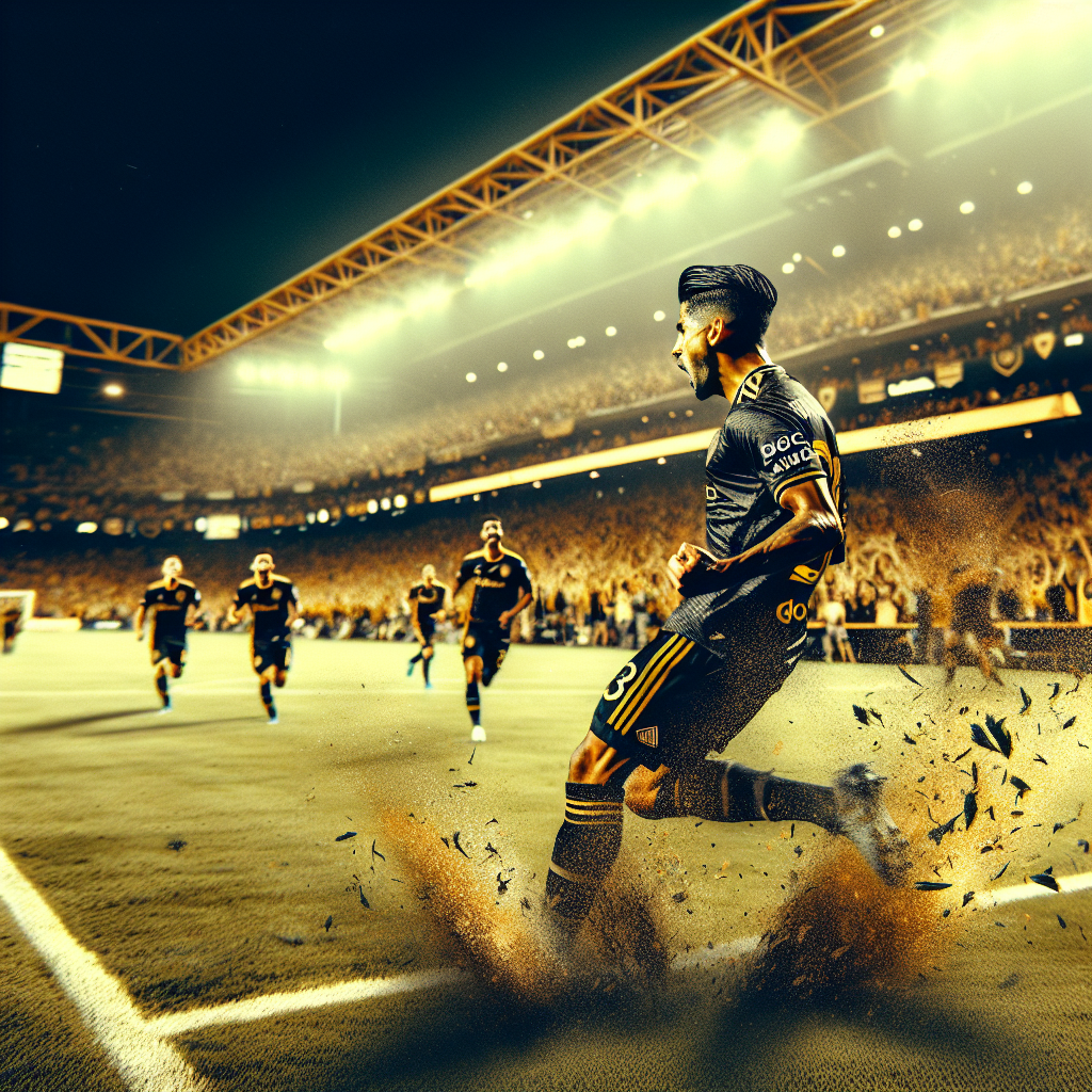 LAFC 홈 경기장에서 손흥민이 골 세리머니를 펼치는 순간. 황금빛 조명과 가득 찬 관중, 검은색과 금색의 LAFC 유니폼, 역동적인 움직임, 선명한 잔디 질감, 야간 경기의 스포트라이트, 고속 셔터로 포착된 생생한 표정과 잔디 파편, 프로 스포츠 사진 스타일.