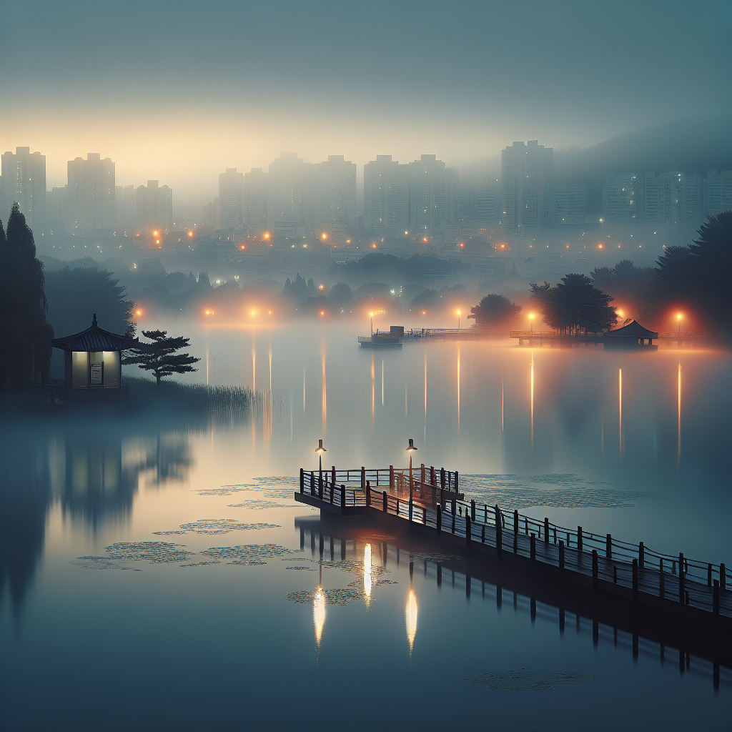 Dawn at Suseong Lake in Daegu, calm water with soft mist, empty boardwalk and subtle city lights reflecting on the surface, muted blue and amber tones, overcast sky, 50mm documentary-style photo, no people, no text, respectful and somber mood