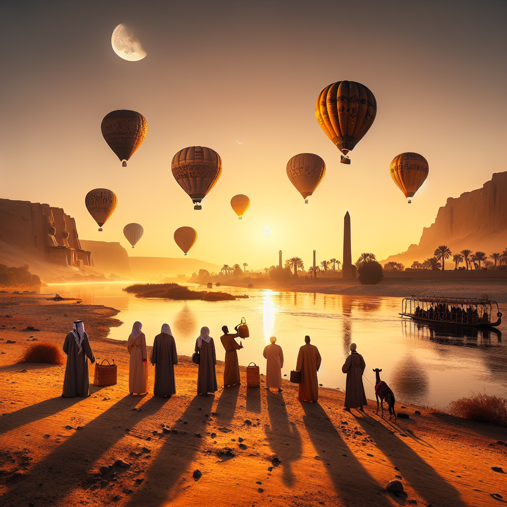 새벽의 이집트 룩소르, 금빛 사막 빛 속에서 나일강 위로 떠오르는 열기구들. 멀리 카르나크 신전 실루엣과 초승달이 희미하게 보이고, 전통 갈라비아를 입은 몇 명의 여행자가 강변에서 하늘을 올려다본다. 따뜻한 골든아워, 고해상도, 다큐멘터리 스타일, 선명한 대비와 부드러운 모래 톤 색감.