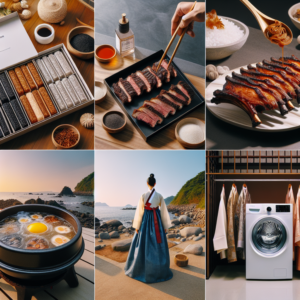 전국의 ‘선미’를 한눈에 보여주는 에디토리얼 사진 콜라주: 1) 고급 포장의 전통 한과(유과·약과·흑임자) 트레이, 2) 숯불 위에서 지글지글 굽는 생갈비, 3) 제주 바다 근처 분위기의 오분자기·전복 뚝배기, 4) 대구 현지식 중식 테이블에 놓인 짜장면·마라향궈, 5) 쇼룸 마네킹에 걸린 혼주 한복, 6) 세탁기 분해 딥클리닝 작업 장면. 따뜻한 자연광, 선명한 디테일, 현대 라이프스타일 매거진 스타일, 3:2 비율.