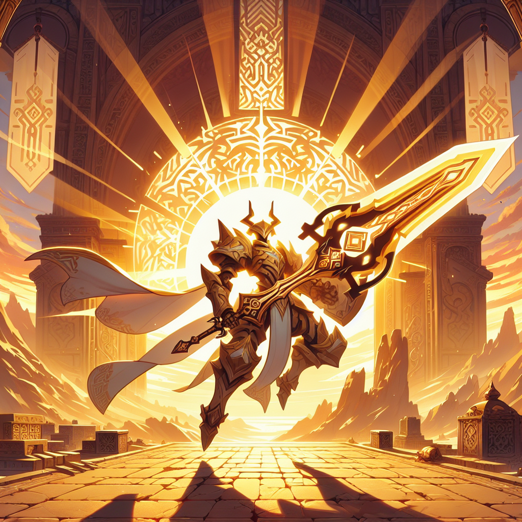 황금빛 석양이 비치는 이멘마하 풍경 속, 빛의 갑옷을 입은 팔라딘이 거대한 검을 들고 변신 에너지를 발산한다. 배경에는 고대 왕가의 지하무덤 더미리치 입구와 페카·페론 던전의 실루엣이 어렴풋이 보인다. 모바일 게임 일러스트 스타일, 역동적인 포즈, 따뜻한 빛의 오라, 고대 문양 디테일, 고해상도, 세로형 구성.