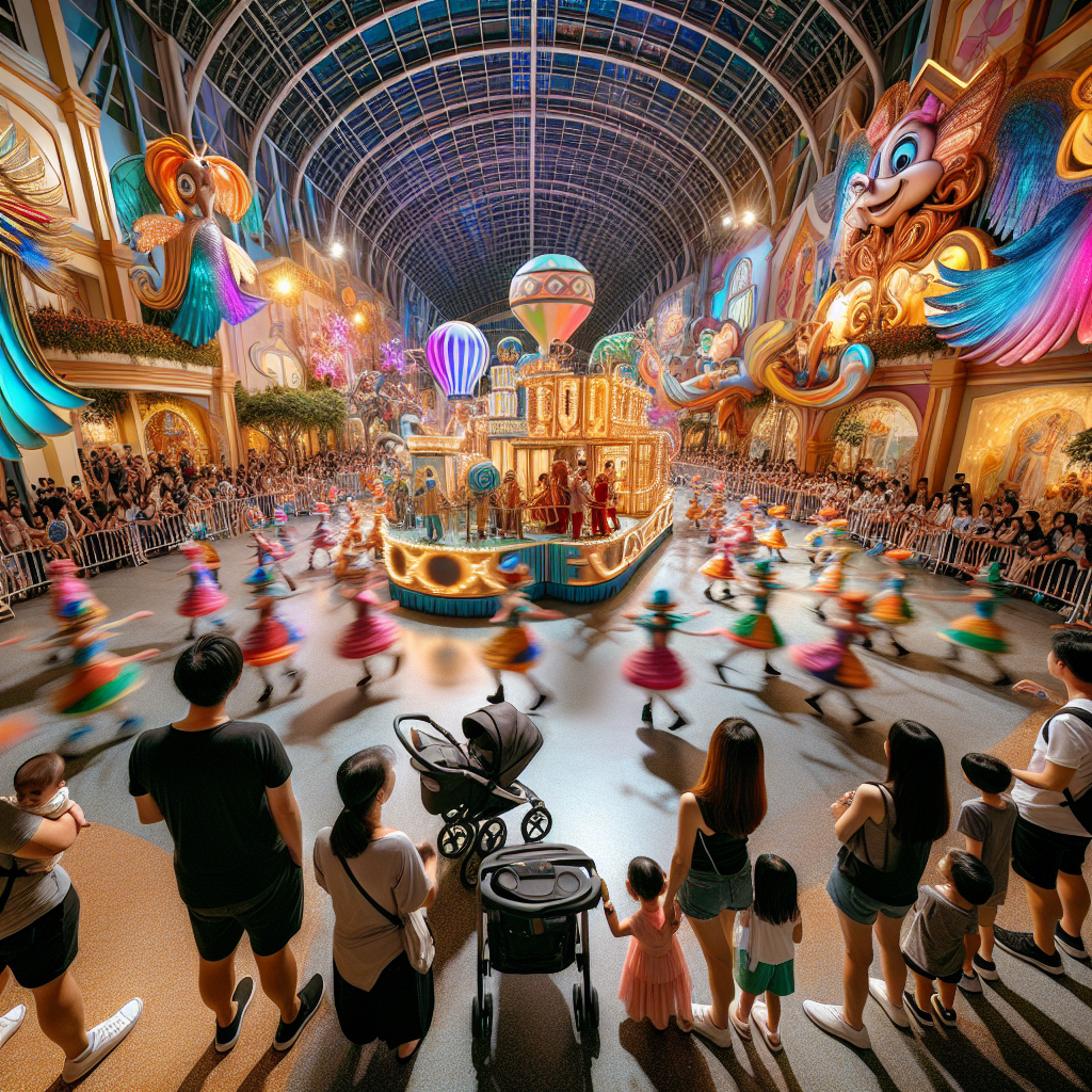 잠실 롯데월드 어드벤처 실내 광장에서 퍼레이드가 진행되는 장면. 형형색색의 플로트와 코스튬, 가족 단위 관람객, 유모차, 따뜻한 조명, 역동적인 동선, 넓은 광각 구도, 생동감 있는 표정과 움직임.