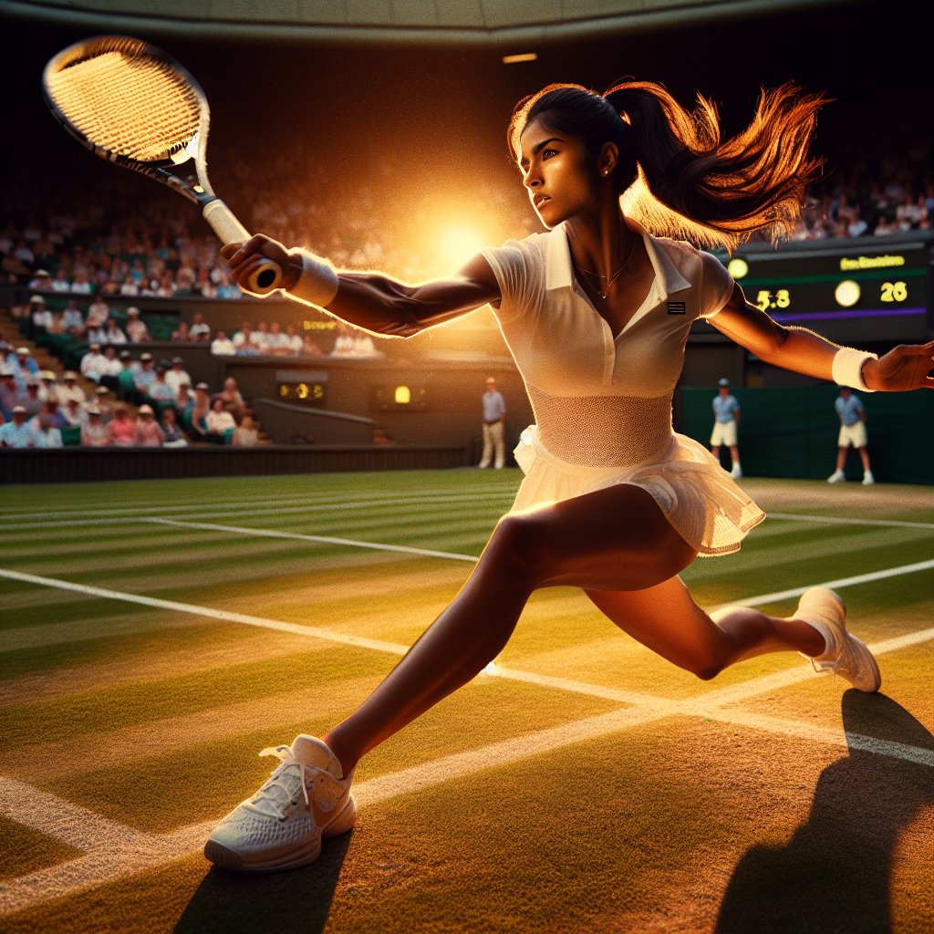 윔블던 센터코트의 잔디 위, 흰색 유니폼을 입은 아만다 아니시모바가 포어핸드를 강하게 휘두르는 순간. 골든 아워의 따뜻한 역광, 얕은 심도, 관중이 흐릿하게 배경에 보이는 역동적 고해상도 스포츠 사진. 표정은 집중, 라켓 스트링 디테일 선명, 코트 라인과 잔디 질감이 살아있는 시네마틱 구도.