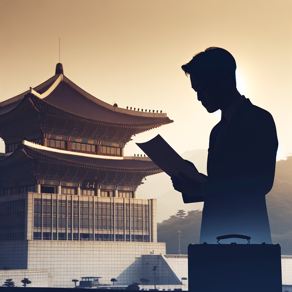 대한민국 검찰청 외관과 서류를 분석하는 중립적 검사 실루엣, 균형 잡힌 저널리즘 분위기, 차분한 톤, 3:2 비율, 현실적 디테일, 과도한 드라마 효과 없이 사실적 묘사