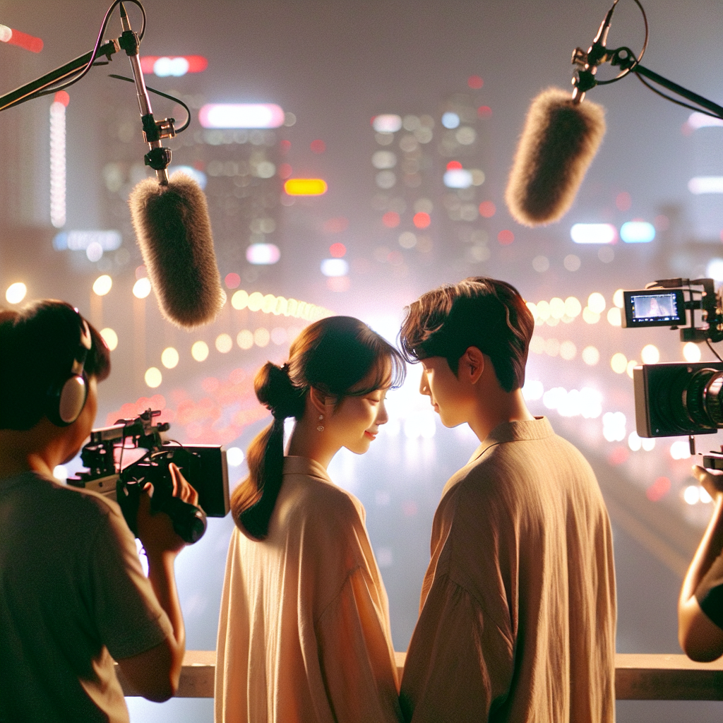 K-drama backstage scene with warm cinematic lighting: two actors seen from behind holding hands, cameras and boom mic nearby, subtle city-night bokeh, soft pastel color grading, editorial photo style, magazine-quality, 50mm lens depth of field, respectful and non-identifiable silhouettes.