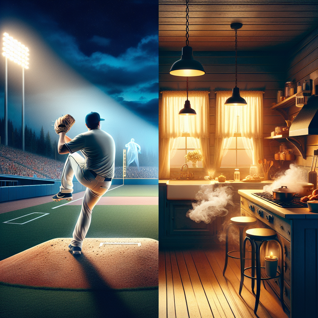 A split-scene editorial illustration: on the left, a night baseball stadium bullpen moment with a right-handed pitcher warming up, crisp lighting, dynamic motion blur on a fastball; on the right, a warm cinematic kitchen in a cozy old house with steam rising from dishes, soft golden light, subtle ghostly ambience. Clean modern magazine style, high detail, realistic textures, balanced composition.