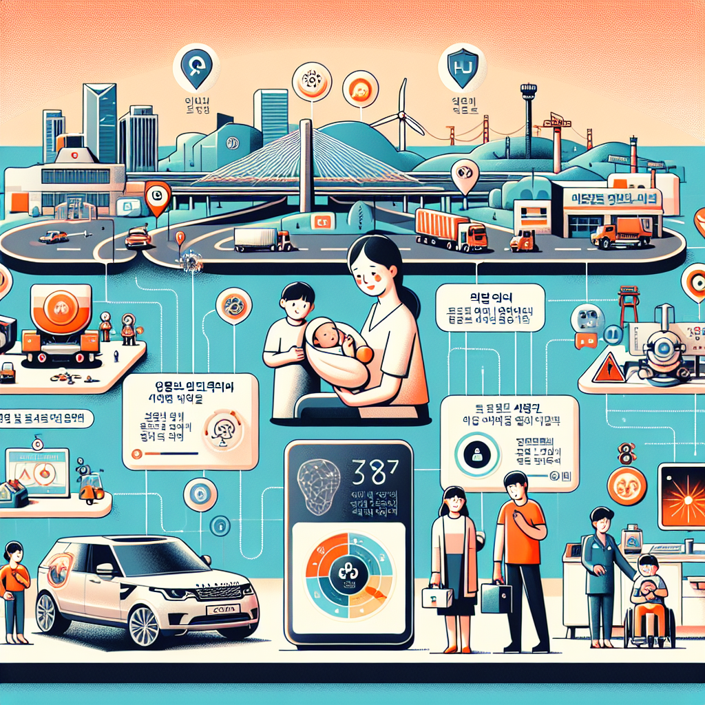 현대적 인포그래픽 스타일의 한 장면: 1) 전북 남원·장수 지도를 배경으로 지역개발 아이콘(도로·관광·산업거점), 2) 산모와 신생아를 돌보는 공공산후조리원 장면, 3) 산업 현장의 스마트 안전기술(AI 카메라, 웨어러블, 위치 트래킹), 4) 법과 저울이 있는 사법 독립 상징, 5) 병원에서 성조숙증 상담하는 가족, 6) 한남전시장에서 랜드로버를 상담하는 딜러와 고객. 깨끗한 컬러 팔레트, 한국어 소제목 라벨, 균형 잡힌 레이아웃.
