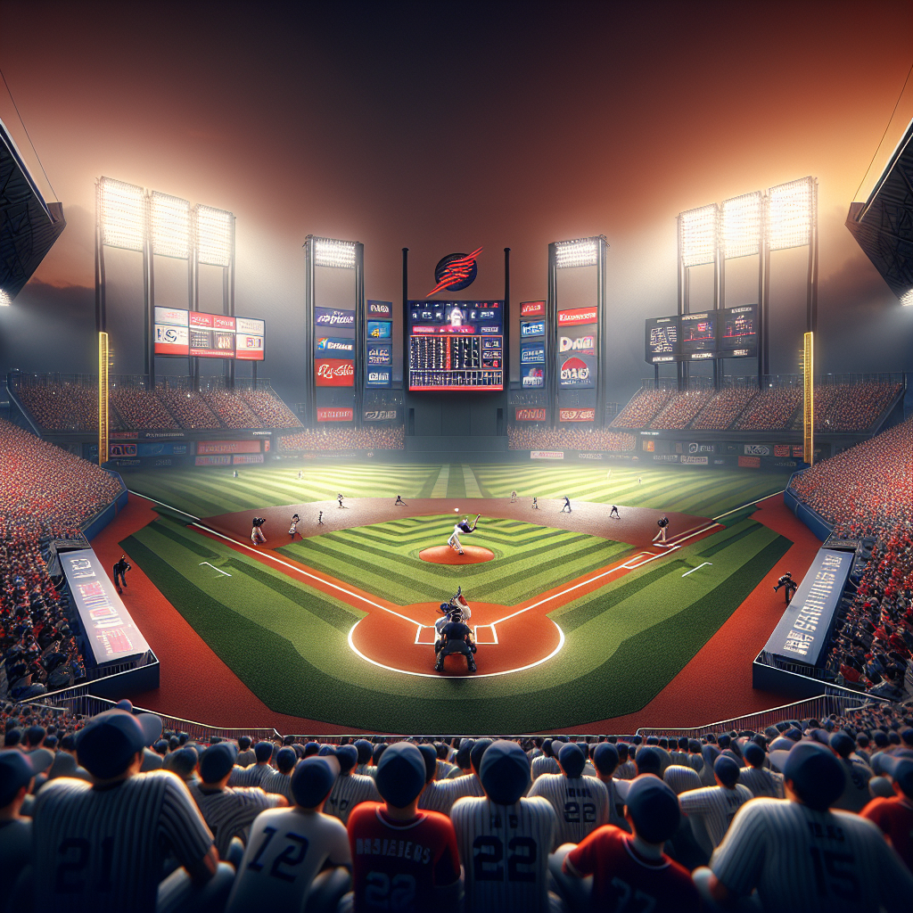 Night KBO baseball scene of SSG Landers vs NC Dinos at a packed stadium. Dynamic pitcher-batter duel at home plate, red and navy color waves in the stands, dramatic stadium lights, visible bullpen activity, scoreboards glowing, crisp grass texture, energetic crowd with cheer sticks, realistic broadcast angle.