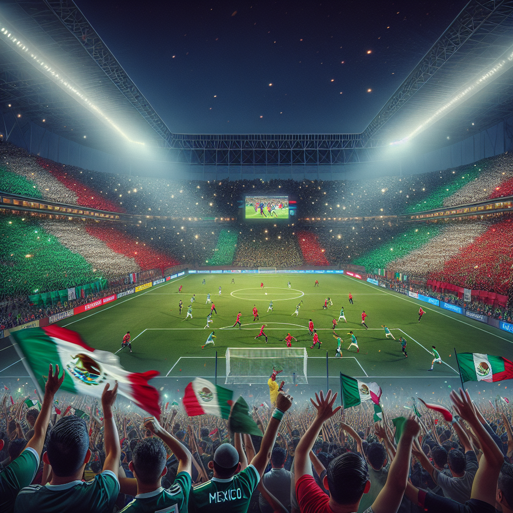 A dramatic, photojournalistic night scene of a Mexico vs South Korea international friendly in a large US stadium, packed stands with green and red Mexican flags and red Korean flags, intense midfield duel under bright floodlights, dynamic motion blur, diverse fans including Korean diaspora and Mexican supporters cheering together, 85mm lens, high contrast, realistic colors