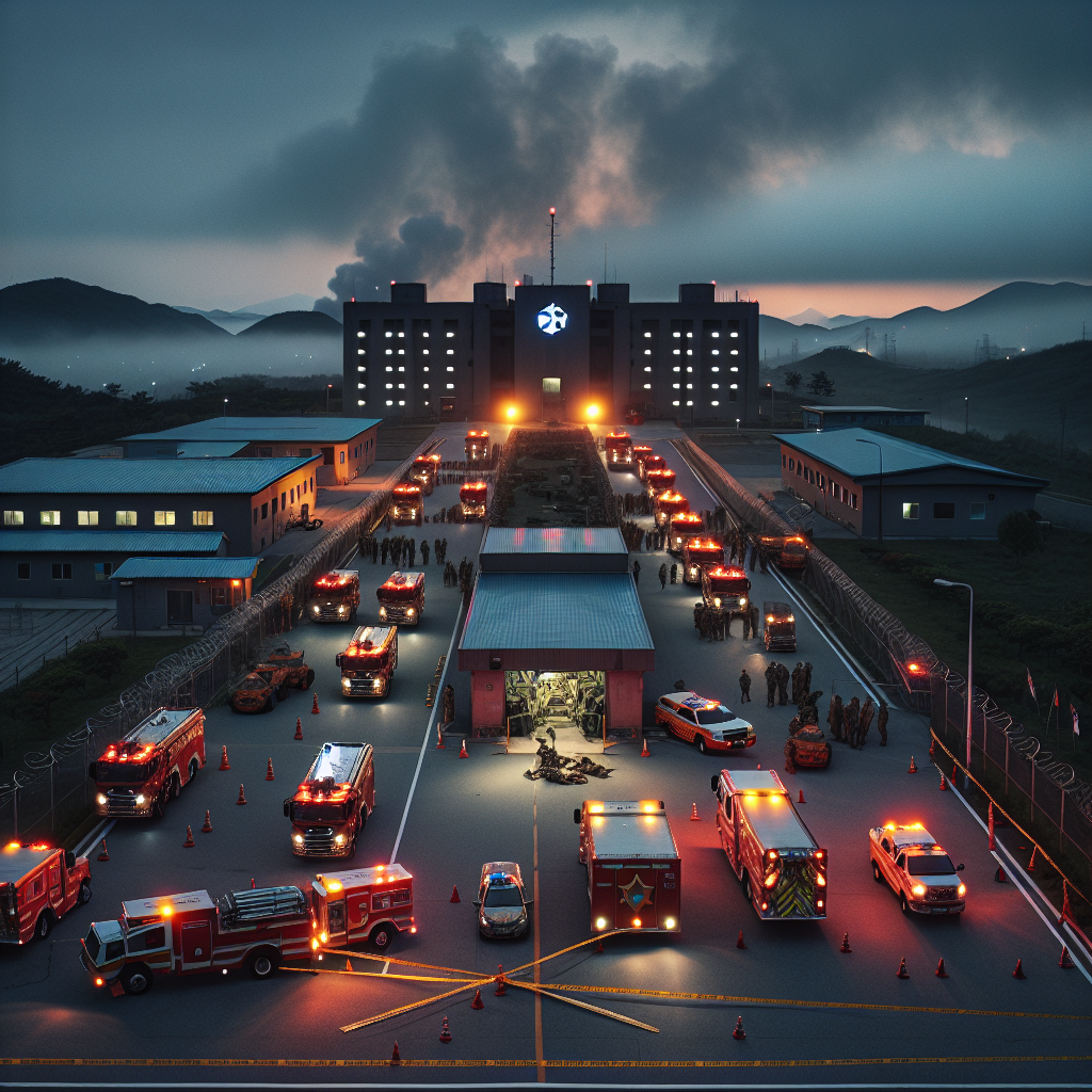 Twilight aerial view of a South Korean Army artillery base near Paju Jeokseong, with emergency vehicles (Korean fire engines and ambulances) lights flashing, perimeter safety tape, distant smoke haze, no visible victims, respectful journalistic tone, high realism, 50mm lens, muted colors, overcast sky.