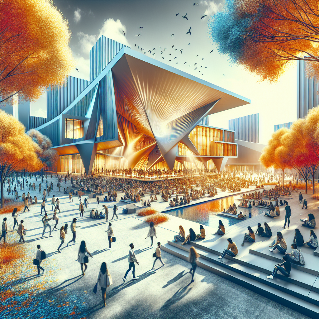 A vibrant, modern campus scene of Yeungnam University in Gyeongsan during early autumn: the Cheonma Art Center facade, a lively festival stage with students, tree-lined walkways with golden leaves, and a distant view of academic buildings under clear blue skies. Candid student groups studying and laughing, warm sunset lighting, editorial travel photography.