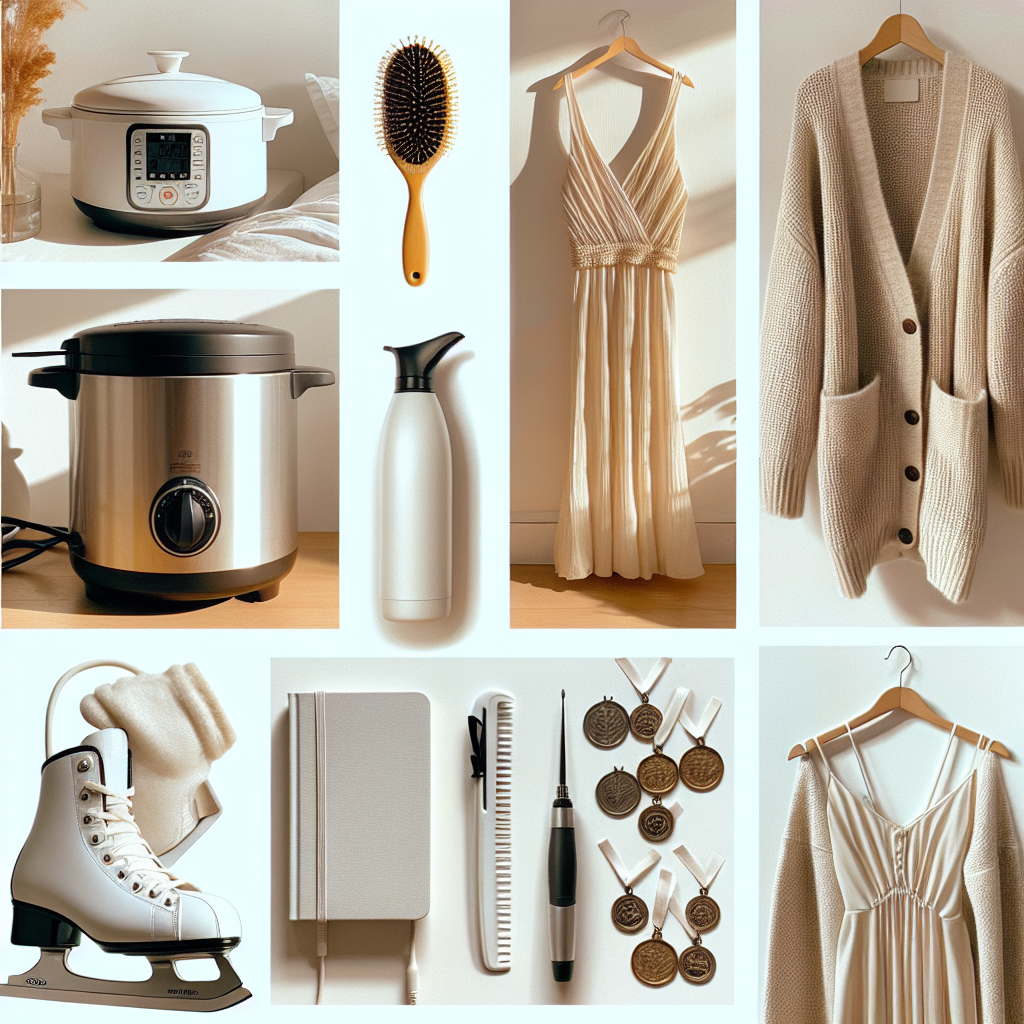 따뜻한 자연광이 드는 미니멀 주방·드레싱룸 콜라주. 쿠첸 123 전기압력밥솥과 스테인리스 내솥, 브러시와 드라이어가 놓인 중단발 레이어드펌 스타일링 도구, 아이보리 니트 가디건과 맥시 셔링 드레스, 피겨스케이트 블레이드와 메달, 작은 노트와 펜(멘탈 루틴)이 조화롭게 배치된 편안한 무드. 화사한 아이보리·실버·소프트 그레이 팔레트, 고해상도, 클린하고 우아한 라이프스타일 에디토리얼 사진.