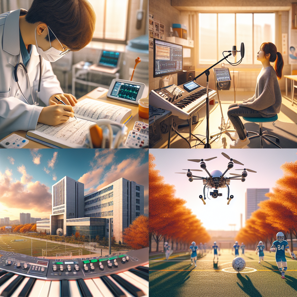 가을 햇살 아래 한국의 대학 캠퍼스(호원대 분위기), 간호학과 실습(청진기·기본간호술), 실용음악 연습실(보컬 마이크·모니터 스피커), 드론 연구실(작은 쿼드콥터·시뮬레이터), 축구부 훈련 장면을 콜라주처럼 결합한 사실적 사진. 따뜻하고 역동적인 느낌, 50mm 렌즈, 자연광, 고해상도.