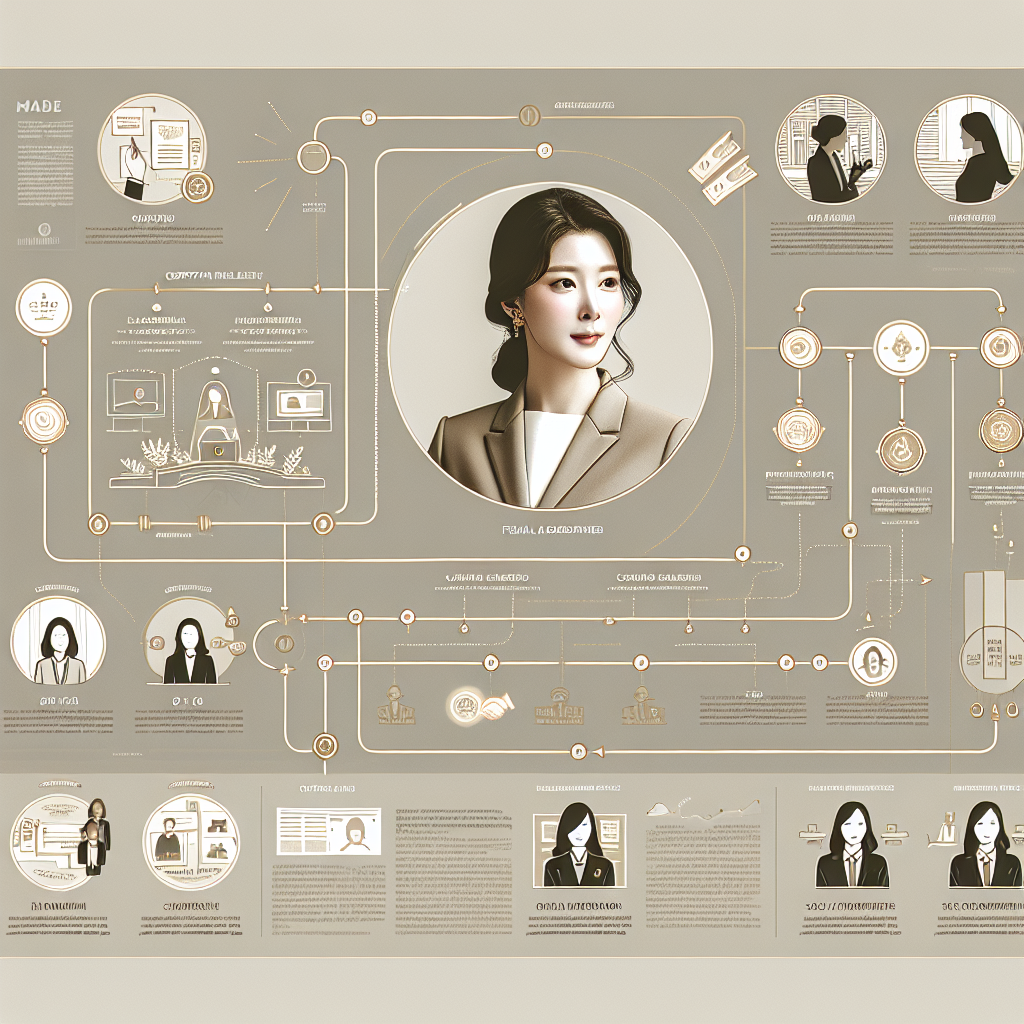 A clean, editorial-style infographic concept: timeline of a Korean female business leader’s career milestones, corporate boardroom elements, social contribution icons, and media headlines. Minimalist, elegant, neutral palette, subtle gold accents, high-resolution, magazine feature layout.