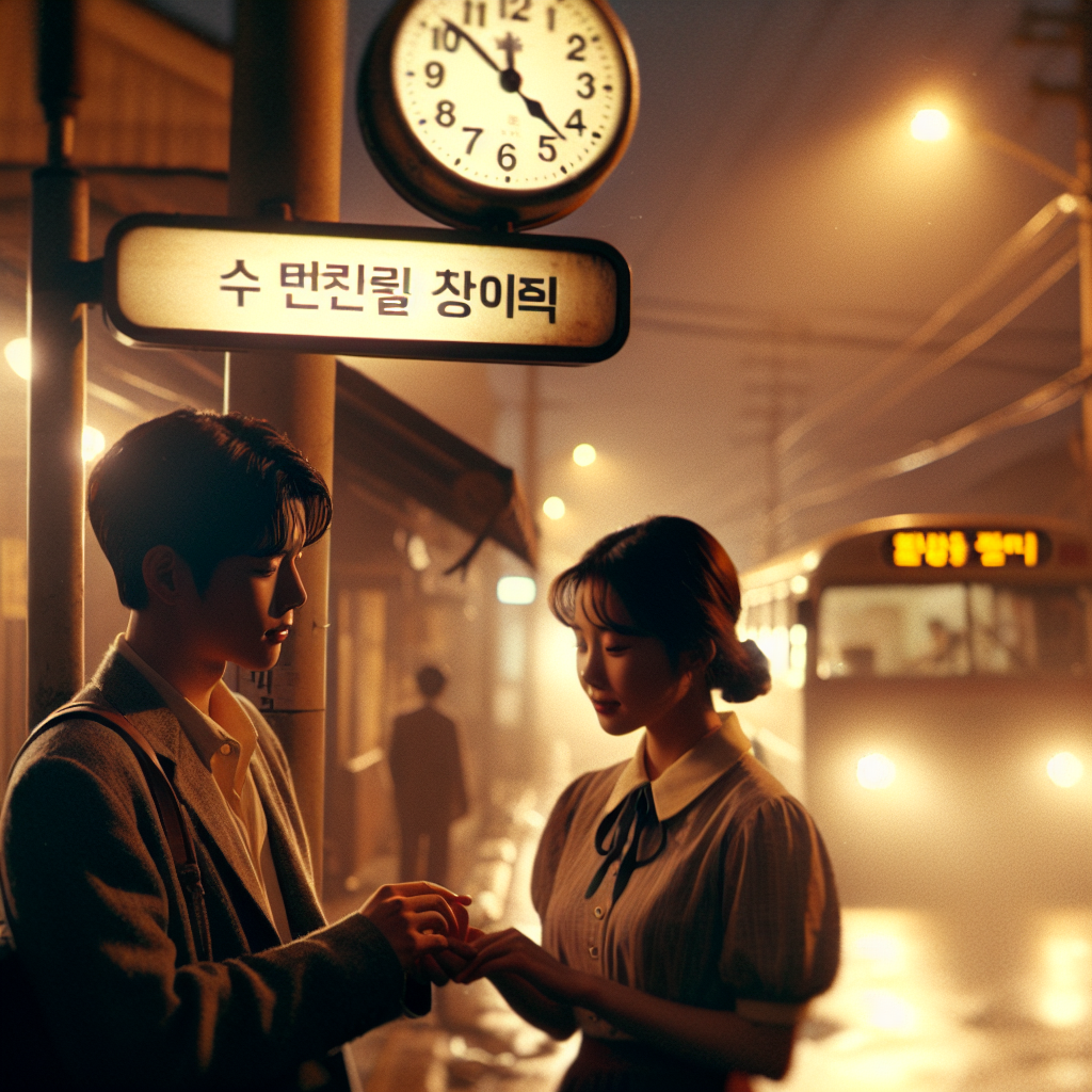 Cinematic still of a 1980s Korean small-town evening street: a warm, nostalgic scene with a vintage bus stop sign, soft tungsten light, light film grain. A youthful male with a subtle rebellious aura but gentle eyes reaches out his hand protectively toward a young woman in a modest 80s outfit (bus conductress vibe). Close-up on hands and gaze, soft sepia tones, shallow depth of field, JTBC period drama mood, high-quality, natural skin tones.