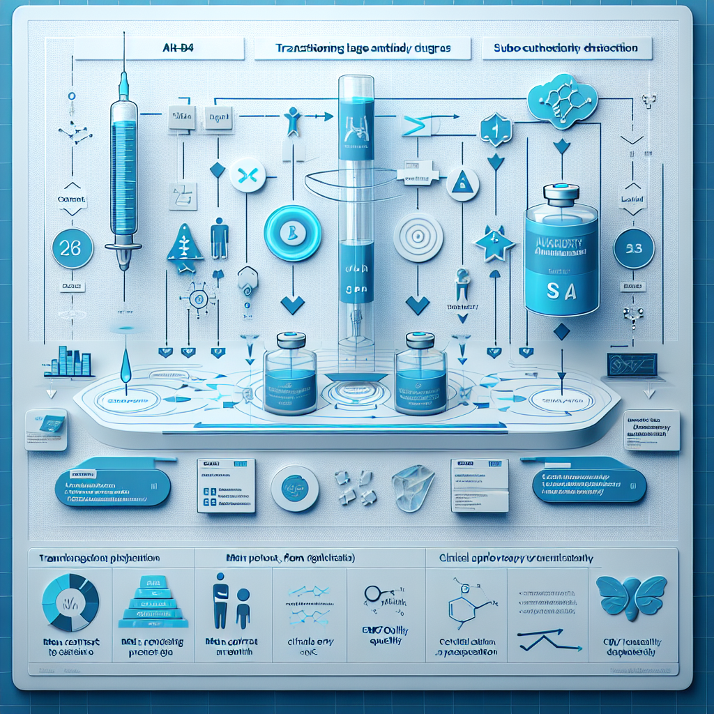 블루·화이트 톤의 깔끔한 인포그래픽. 중앙에 ALT-B4 플랫폼이 대형 항체 의약품을 정맥주사(IV)에서 피하주사(SC)로 전환하는 흐름도 화살표로 표현. 좌측에는 월 1회 비만치료제 타임라인(주 1회 → 월 1회 진화), 우측에는 코스닥 → 코스피 이전의 장단점 비교 아이콘. 하단에는 마일스톤 체크리스트(본계약, 임상 진입, 규제 승인, CMC/품질)와 작은 캔들차트가 보이는 대시보드형 구성. 현대적, 미니멀, 16:9 비율, 고해상도.