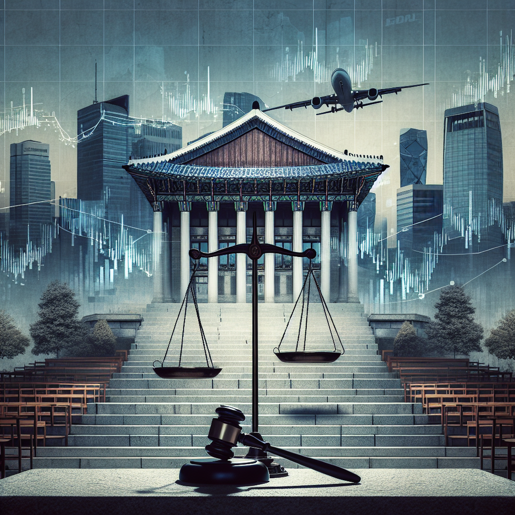상징적 장면: 한국 법원 건물 앞 석계단 위에 균형저울과 법봉이 놓이고, 배경에는 도시 스카이라인과 항공기 실루엣, 반대쪽에는 재무 그래프(상승·하락 라인)가 겹쳐 보이는 구도. 차분한 자연광, 현실감 있는 질감, 중립적 색조(네이비·그레이). 인물 초상 없음. ‘법리와 시장의 교차’를 암시하는 균형감 있는 편집 사진 스타일.