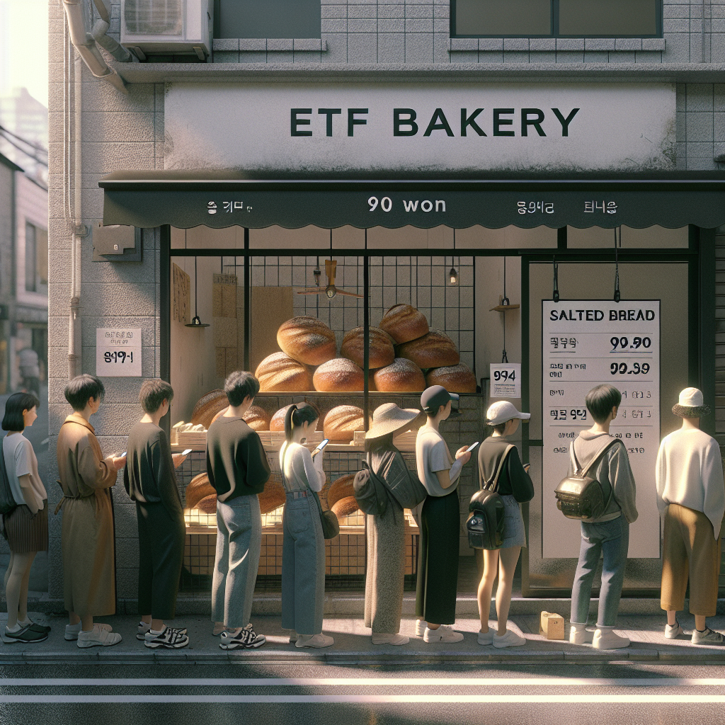 성수동 거리의 팝업 베이커리 앞, 990원 소금빵 안내 보드와 길게 늘어선 대기 줄, 다양한 연령대의 사람들이 손에 번호표와 휴대폰을 들고 서 있는 모습. 따뜻한 아침 햇살, 유리 쇼케이스에 쌓인 소금빵과 바게트, 간결한 흑백 간판에 'ETF BAKERY' 텍스트. 다큐멘터리 사진 스타일, 자연광, 현실적 디테일, 35mm, candid.