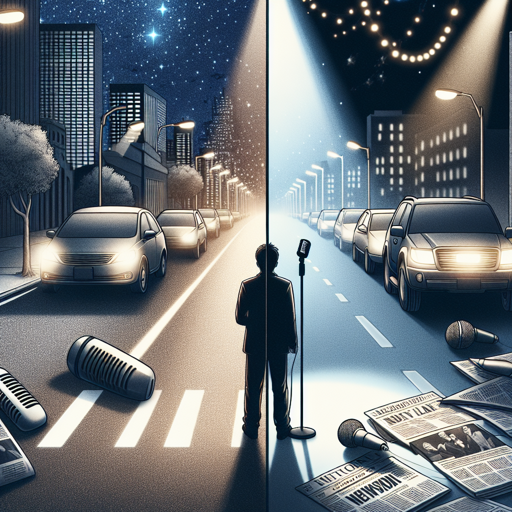 A metaphorical, documentary-style illustration: a split scene of a night city road with a car steering wheel slightly blurred (suggesting medication-induced drowsiness), contrasted with a bright stage spotlight and a lone microphone; blurred newspaper headlines and a neutral silhouette of a veteran Korean comedian (no identifiable face), balanced tone, cinematic lighting, high resolution, realistic color grading.