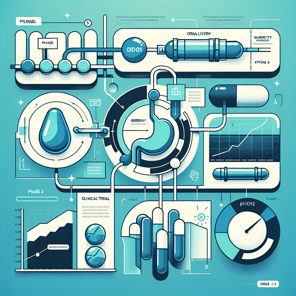 인포그래픽 스타일의 일러스트: 디앤디파마텍 파이프라인(DD01 등), 간(MASH) 이미지와 체중계 아이콘, 경구형 비만치료제 캡슐, 임상시험 단계(Phase 1-3) 도식, 주가 차트 오버레이. 신뢰감 있는 파란·민트 톤, 미니멀 벡터 아트, 한국 바이오테크 테마.