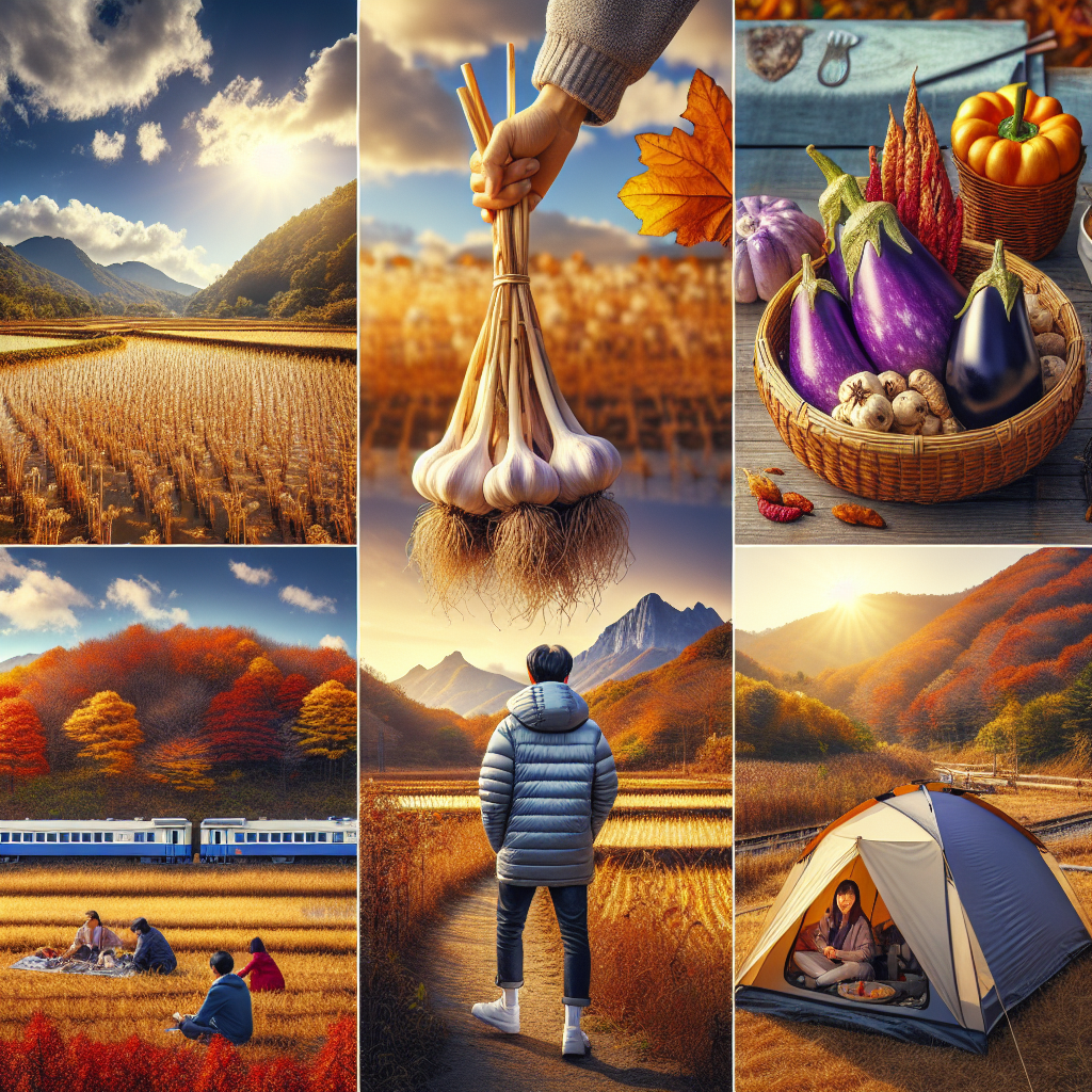초가을 오후의 한국 풍경 콜라주: 파란 가을 하늘과 높은 구름, 황금빛 들판 한쪽에 마늘을 심는 손, 바구니에 담긴 가지·가을무·말린 토란대, 얇은 패딩과 방풍 재킷을 입은 가족 캠핑, 멀리 단풍 산을 배경으로 달리는 관광열차. 따뜻하고 선명한 색감, 자연광, 고해상도.