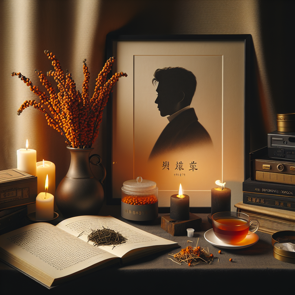 엄숙하고 따뜻한 분위기의 흑백 메모리얼 장면: 김홍업을 상징하는 인물 초상 실루엣, 촛불, 책과 기록 상자, 한국어 캘리그래피로 ‘김홍업’ 이름이 은은히 배치. 한쪽에는 은은한 색감의 해죽순 꽃봉오리차 컵과 붉은 갈색 찻물, 건조된 새싹 형태의 찻잎이 작은 트레이에 놓여 있어 일상성과 기억의 대비를 이룬다. 부드러운 자연광, 심플하고 고급스러운 편집, 과도한 브랜드 노출 없음.