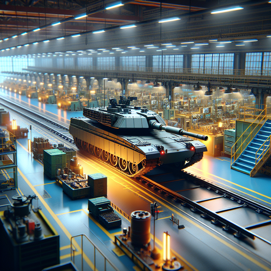 A cinematic, high-detail scene of a modern Korean K2 main battle tank on a European rail flatcar inside a bright assembly plant, with subtle overlay of stock market lines and a map of Europe in the background; include hints of railway manufacturing and hydrogen tech equipment; neutral lighting, no logos, photorealistic.