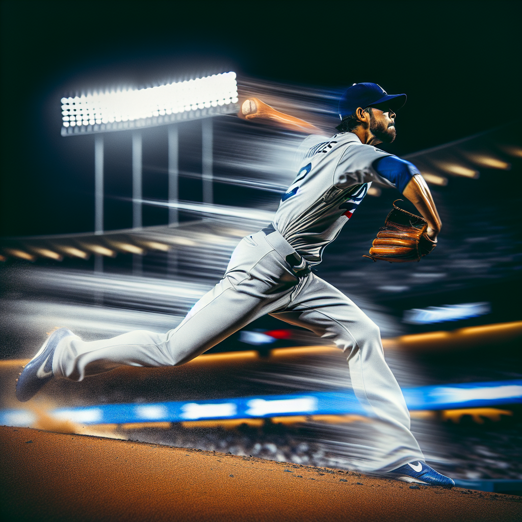 LA 다저스 유니폼의 야마모토 요시노부가 다저스타디움 마운드에서 역동적인 투구폼으로 포심을 던지는 순간을 담은 상반신 중심의 액션 샷, 야간 경기 조명, 빠른 셔터감과 모션 블러, 생생한 질감, 고해상도 스포츠 사진